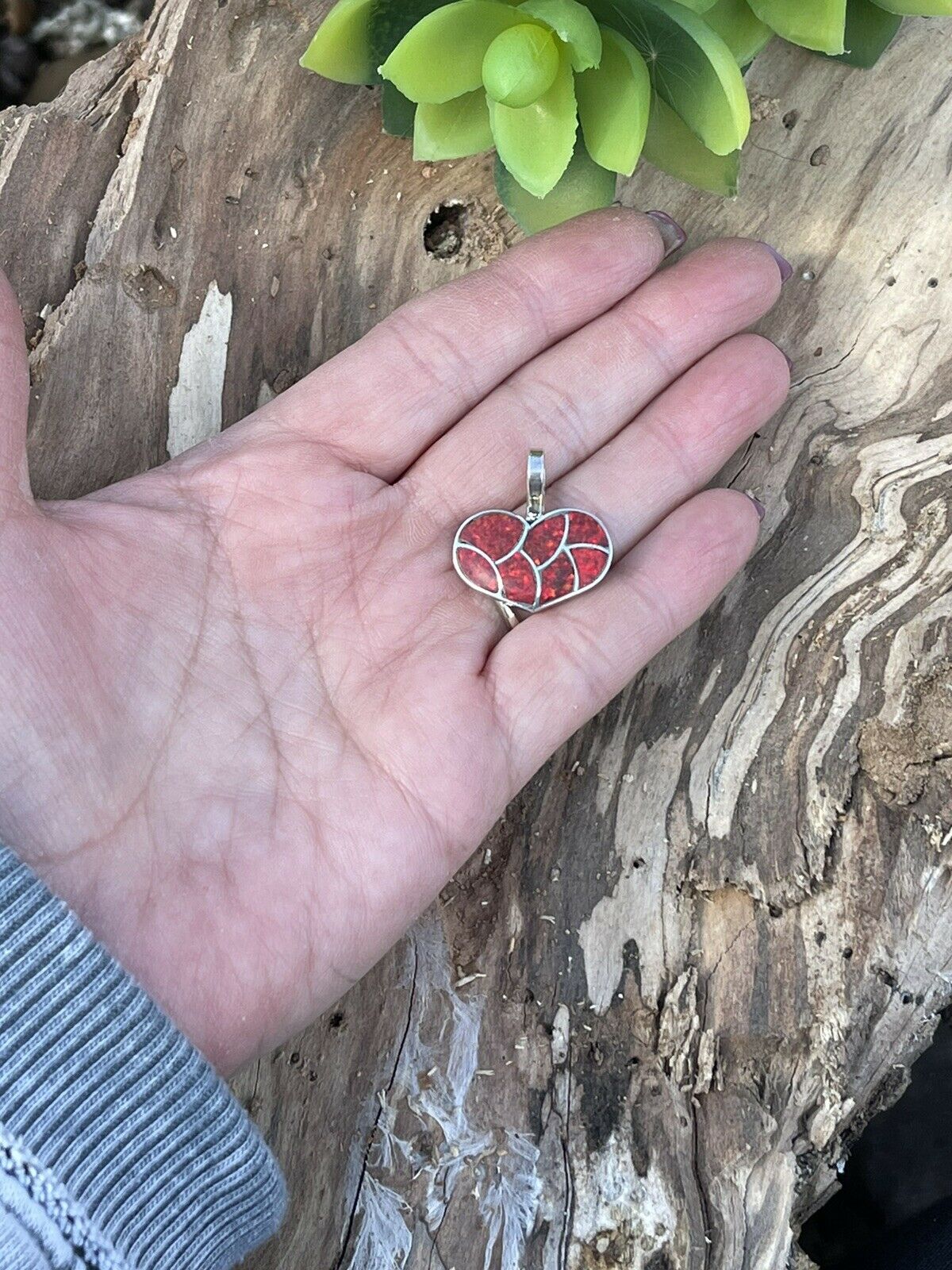 Handcrafted Iridescent Red Opal & Sterling Silver Heart Pendant