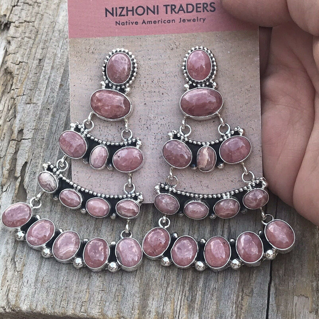 Sterling Silver Rhodochrosite Stone Dangle Earrings Artist E. Spencer