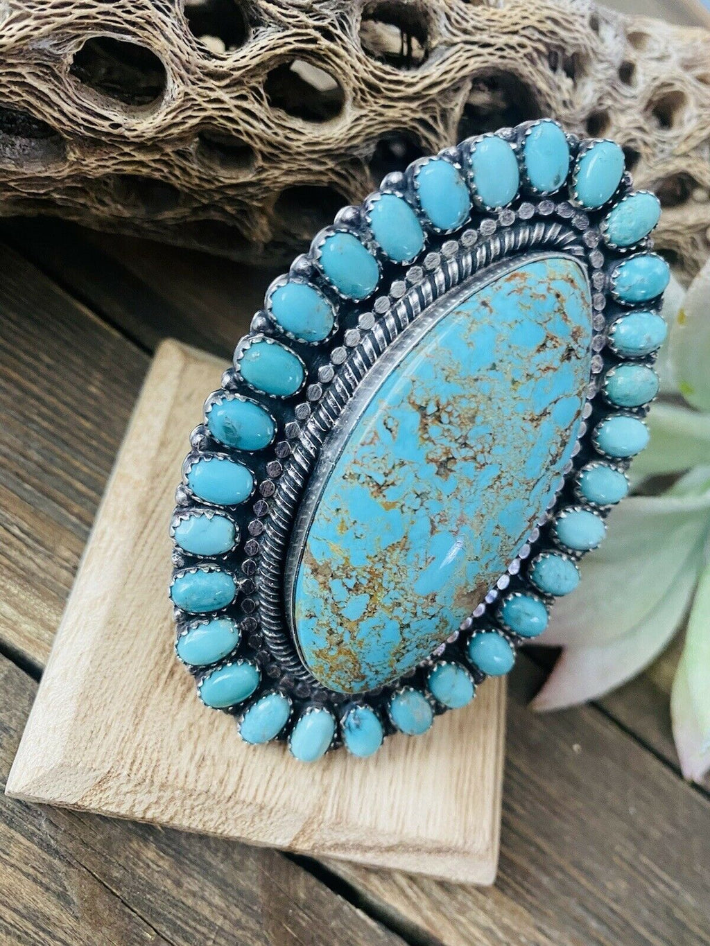 Handcrafted Number 8 Turquoise & Sterling Silver Statement Ring Size 10 Signed