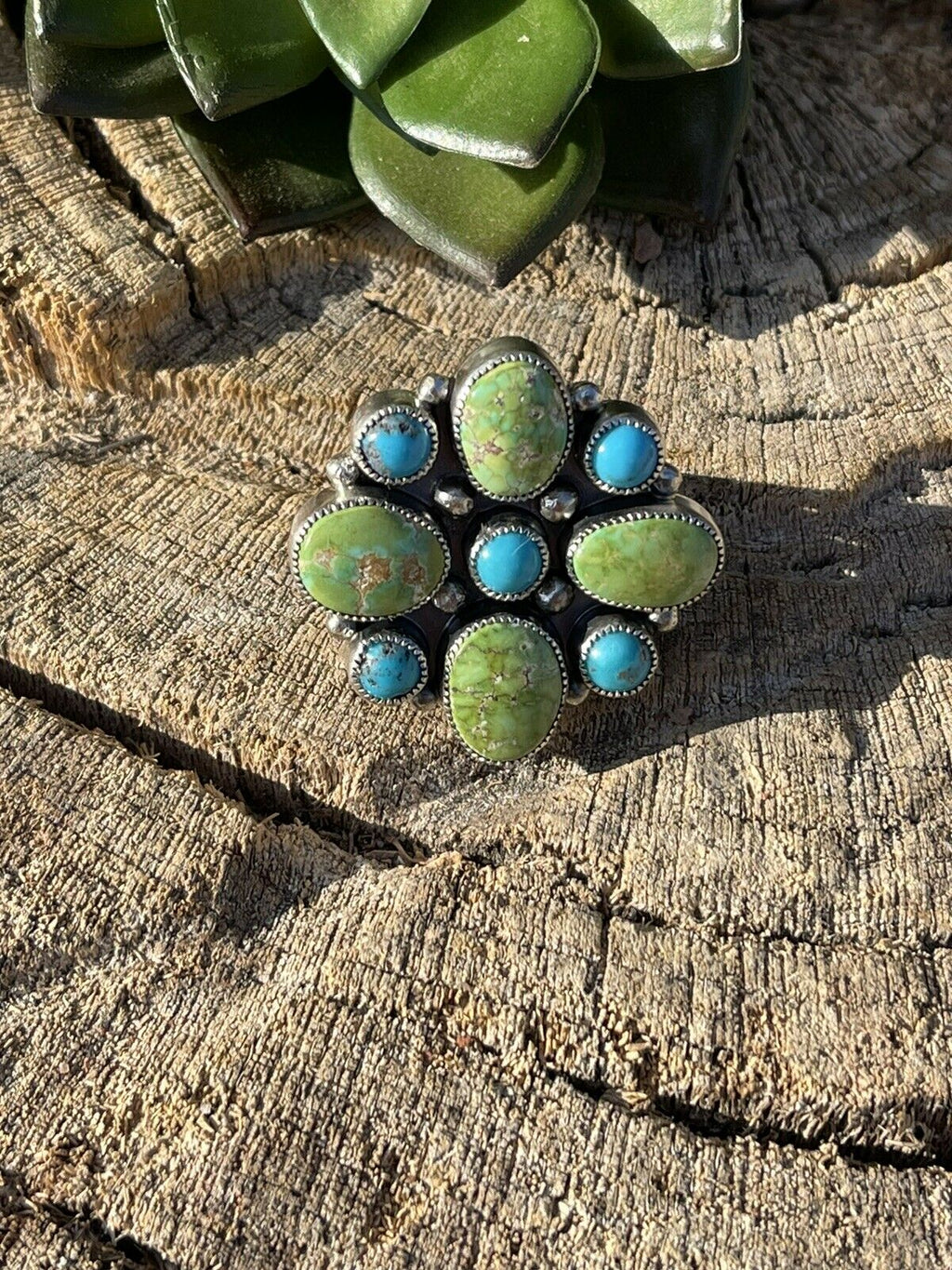 Handcrafted Sterling Sonoran Gold And Golden Hills Turquoise Cluster Ring Size 7
