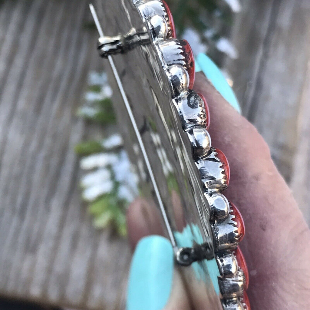 Handcrafted Jumbo Sterling Silver  Natural Red Coral Cluster Pendant/pin Signed