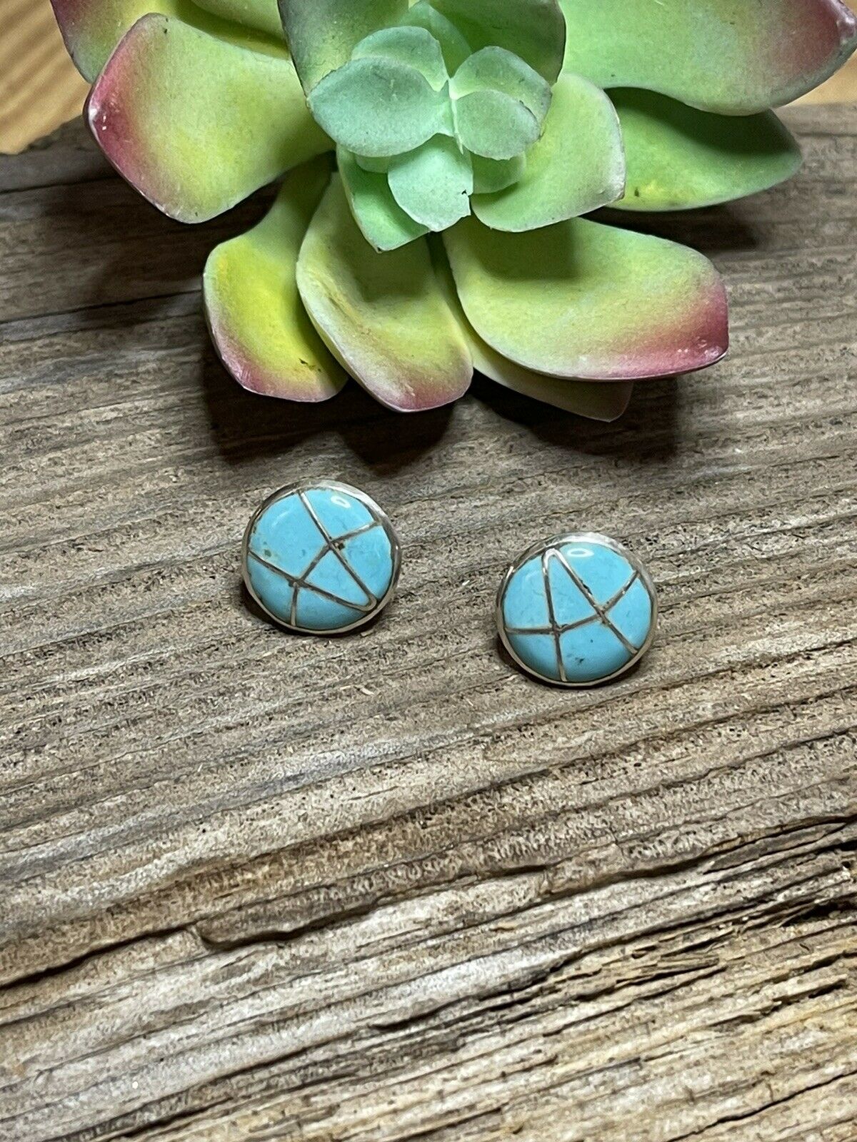 Handcrafted Sterling Silver & Turquoise Inlay Circle Post Earrings Signed K