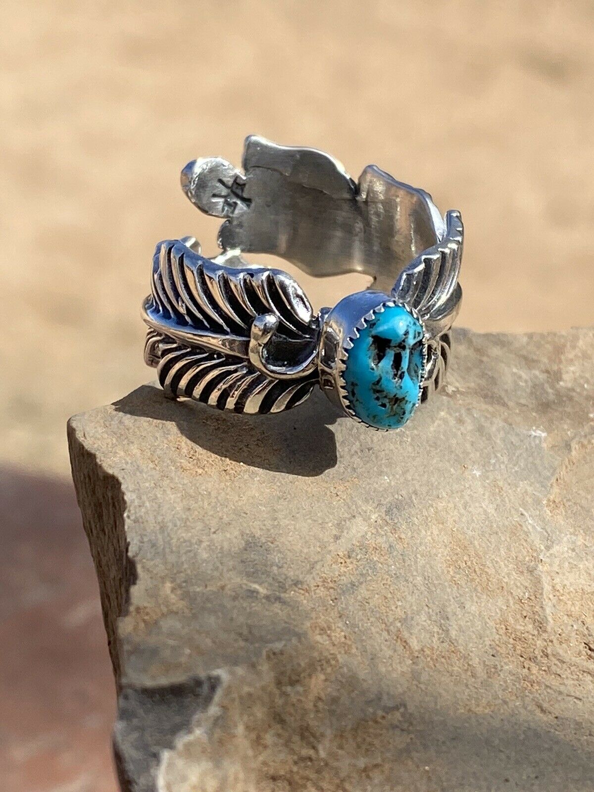 Handcrafted Feather Turquoise And Sterling Silver Adjustable Ring