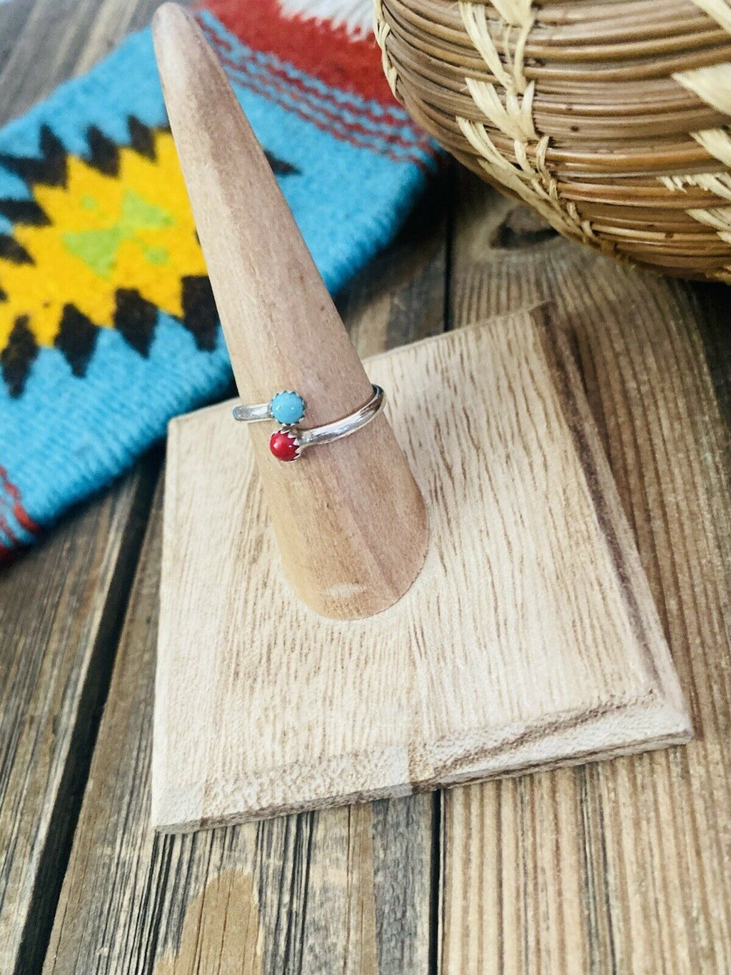 Handcrafted Sterling Silver, Coral & Turquoise Adjustable Ring