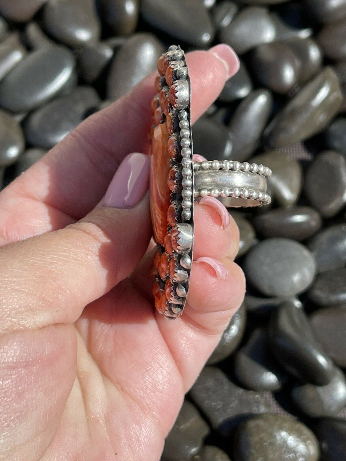 Handcrafted Sterling Silver Orange Spiny Cluster Jumbo Ring Sz 7.5