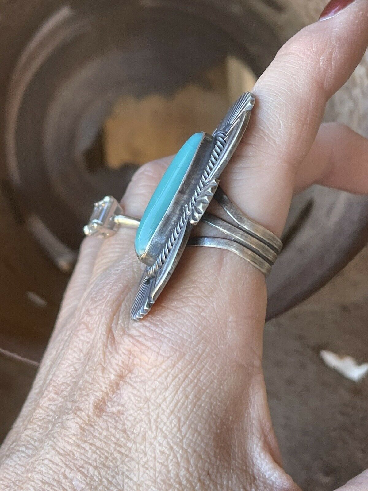 Handcrafted Turquoise & Sterling Silver Handcrafted Deco Ring Size 7.5
