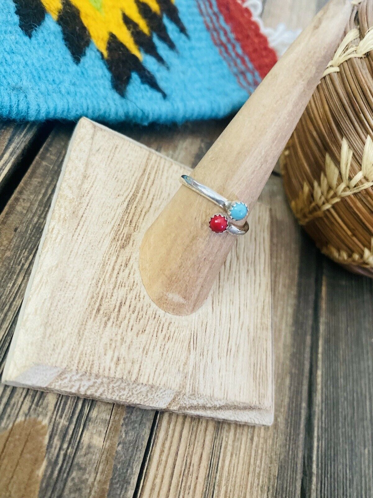 Handcrafted Sterling Silver, Coral & Turquoise Adjustable Ring