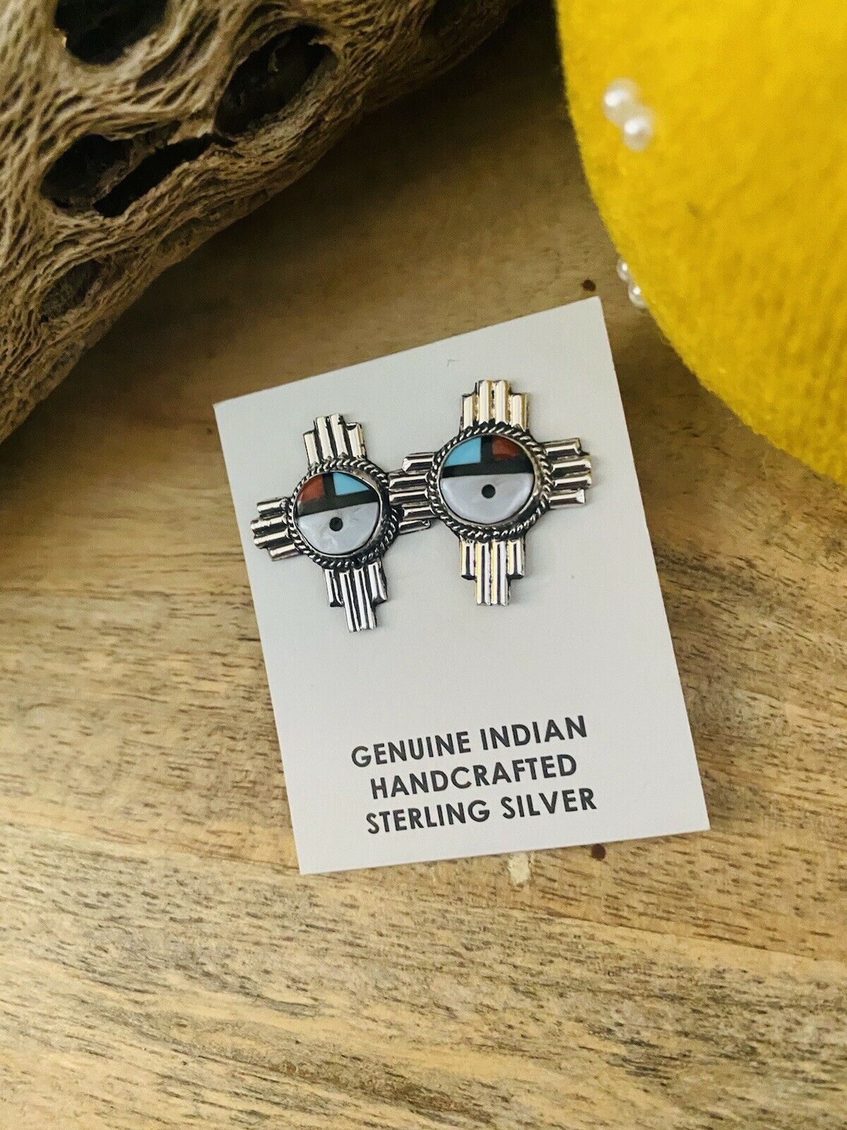 Handcrafted Sun Face Multi Stone And Sterling Cross Stud Earrings