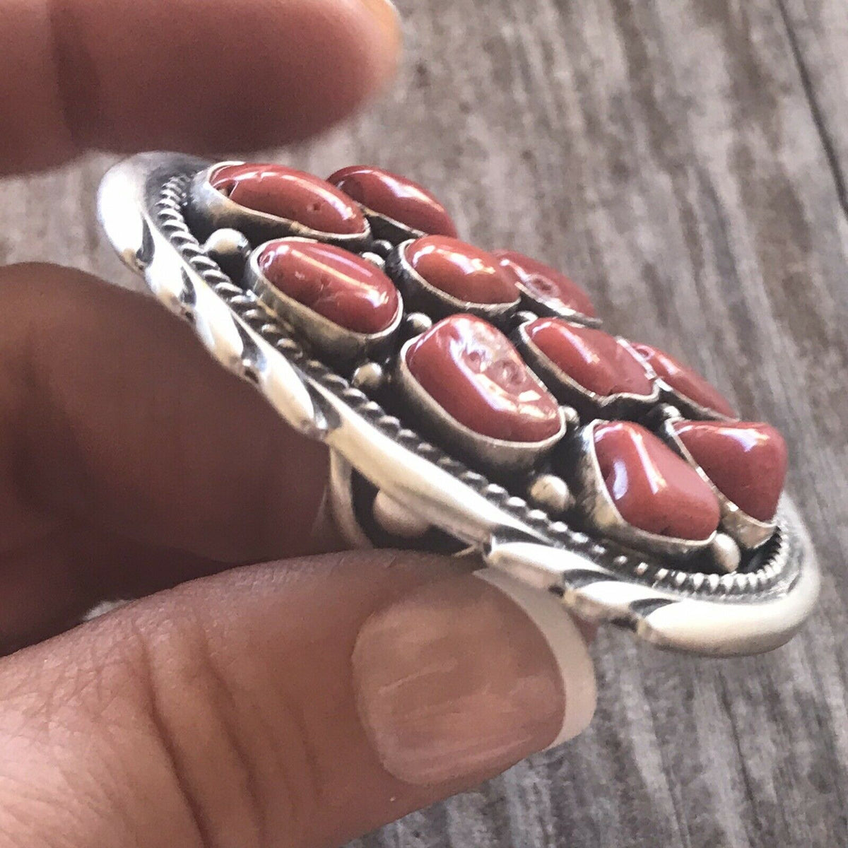 Handcrafted Sterling Silver Natural Red Coral Ring Sz 7