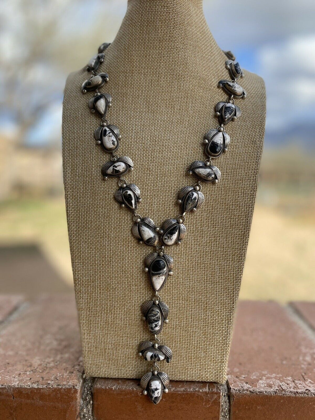 Handcrafted White Buffalo & Sterling Lariat Necklace Set Signed