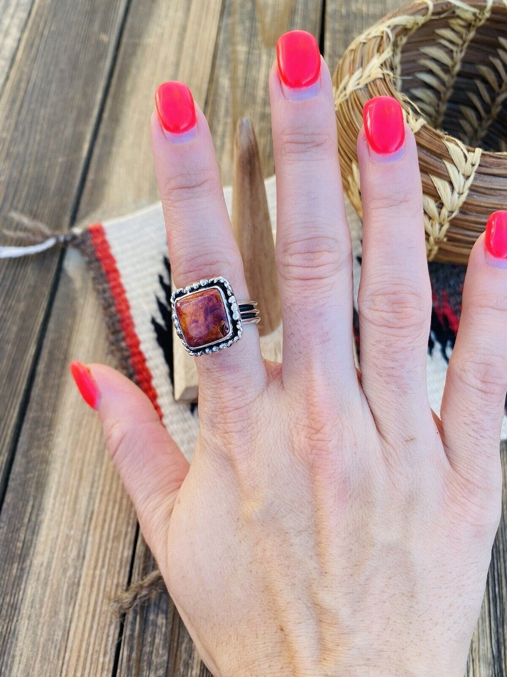 Handcrafted Sterling Silver & Orange Spiny Ring Size 6
