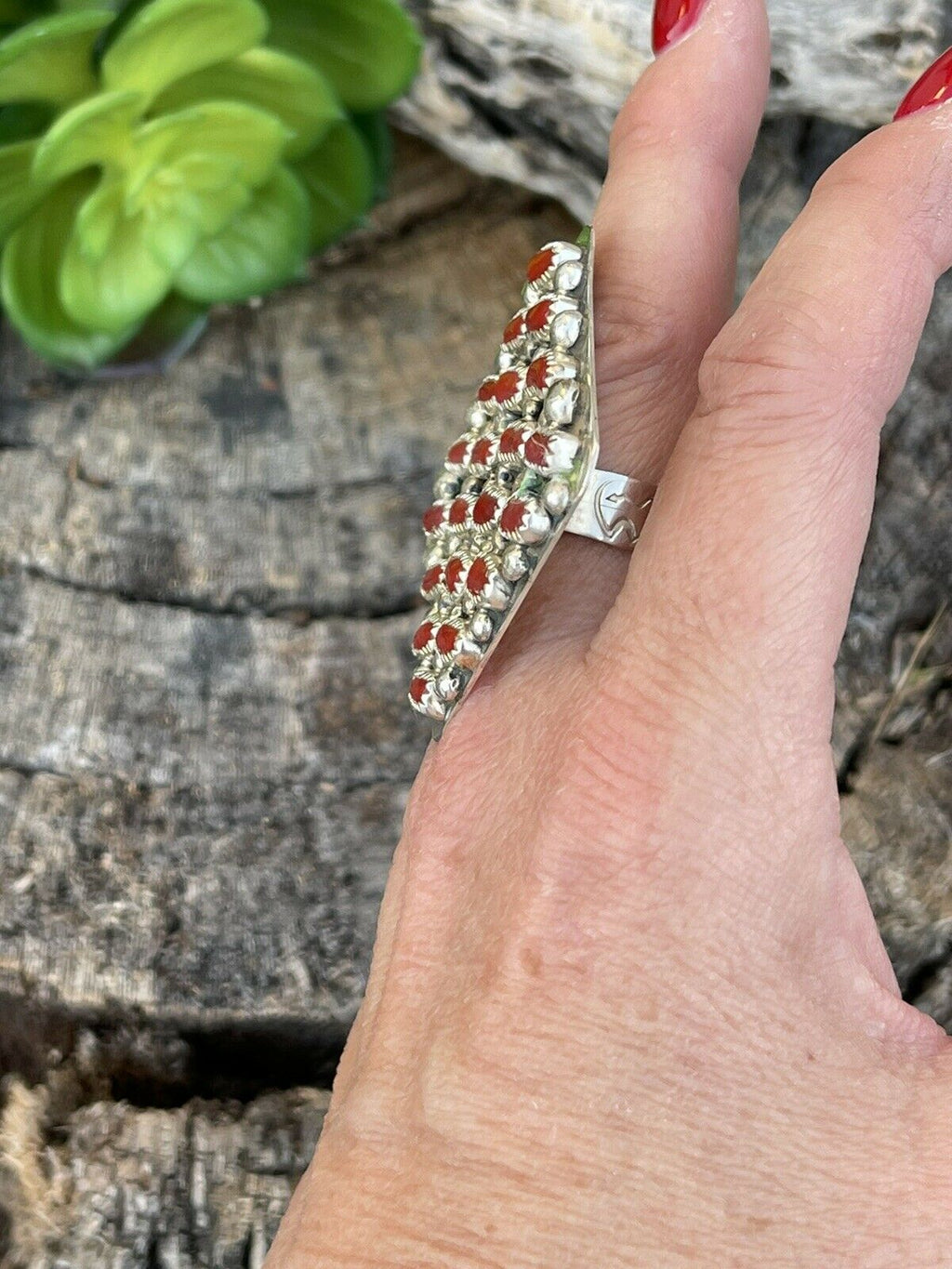 Handcrafted Sterling Silver Square Platform Red Coral Ring Sz 8