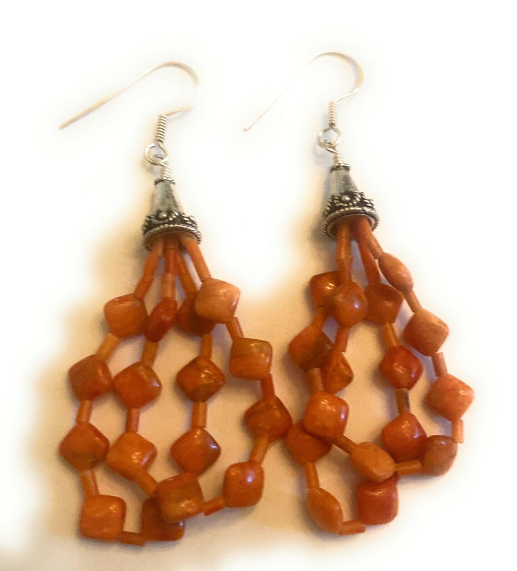 Handcrafted Sterling Silver Apple Coral Beaded Dangle Earrings