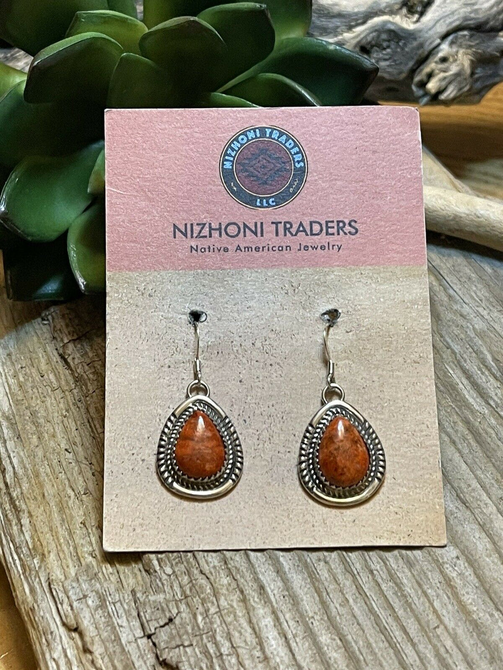 Handcrafted Sterling Silver Southwest Apple Coral Teardrop Earrings Signed G. Boyd