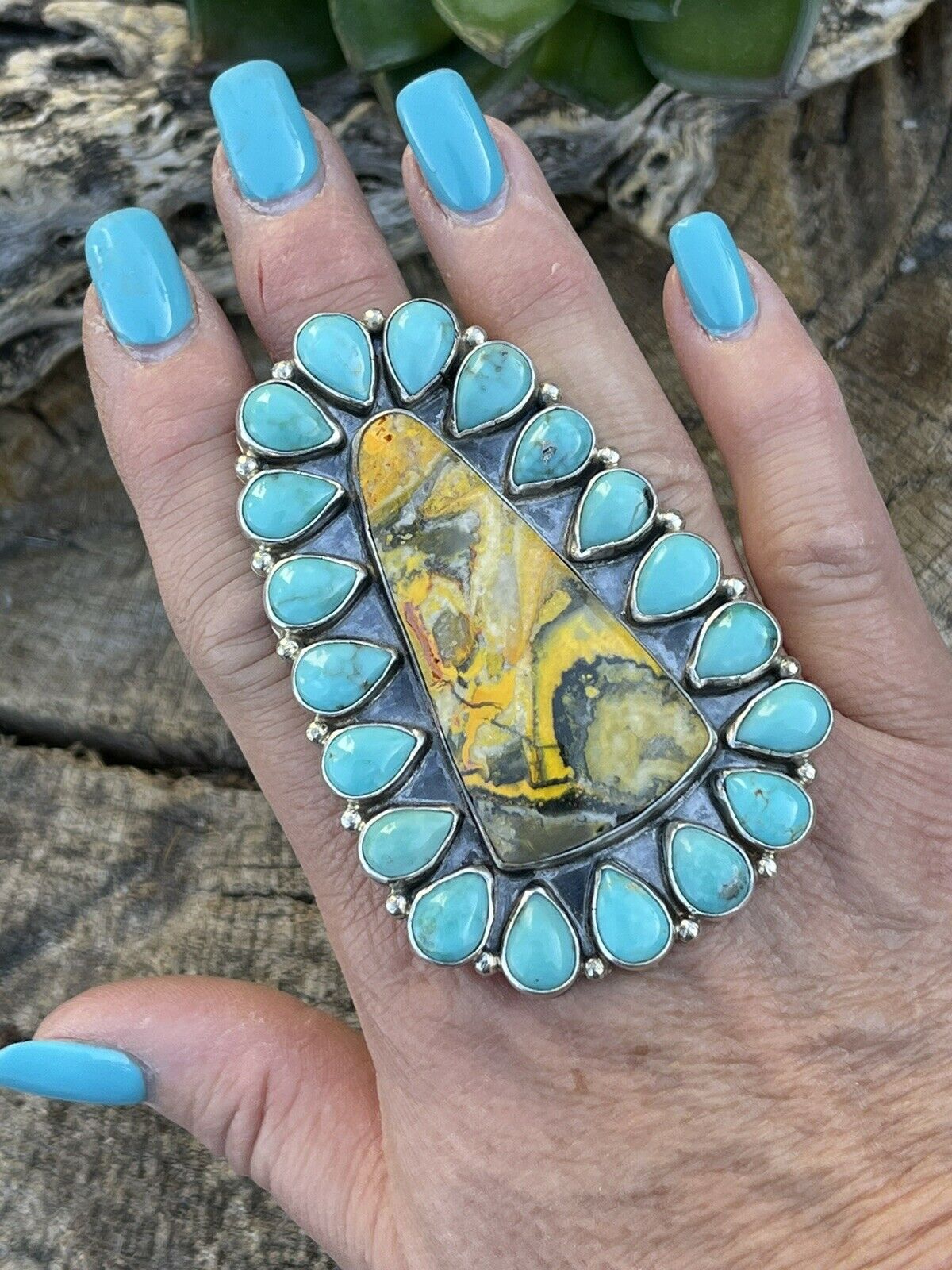 Handcrafted Sterling Silver Bumblebee and Turquoise Stone Ring Sz 8.5