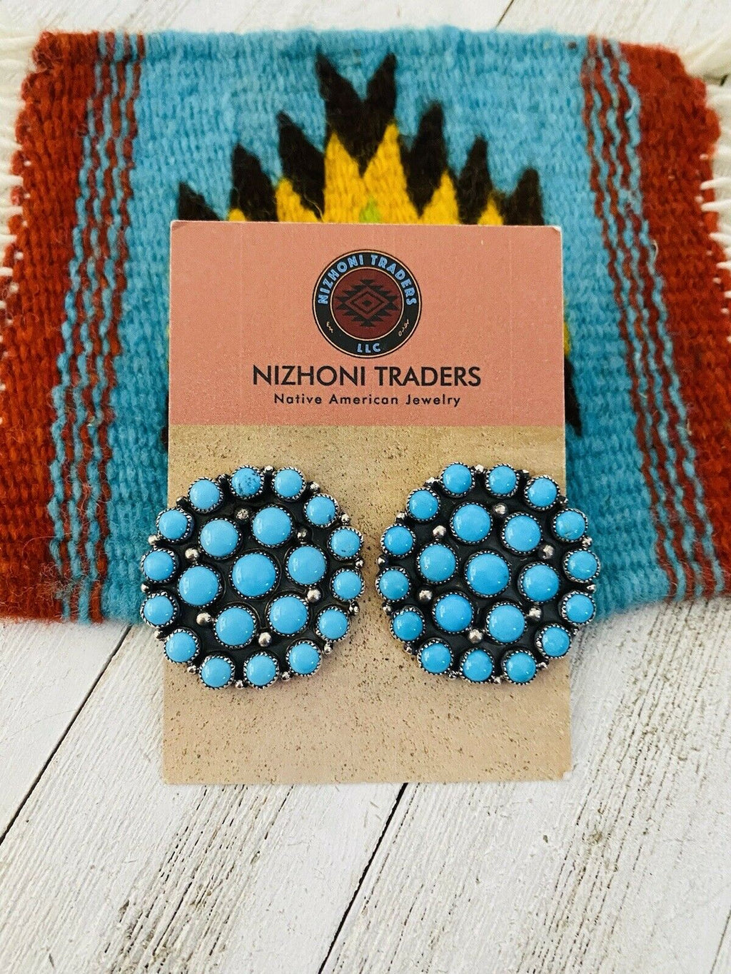 Handcrafted Sleeping Beauty Turquoise & Sterling Silver Cluster Stud Earrings Signed