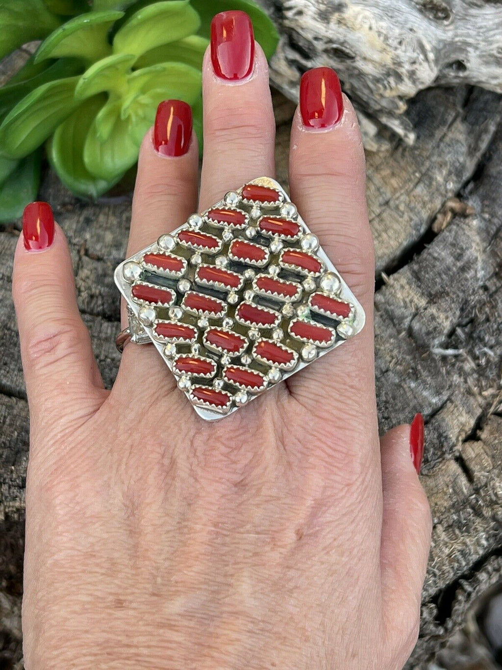 Handcrafted Sterling Silver Square Platform Red Coral Ring Sz 8