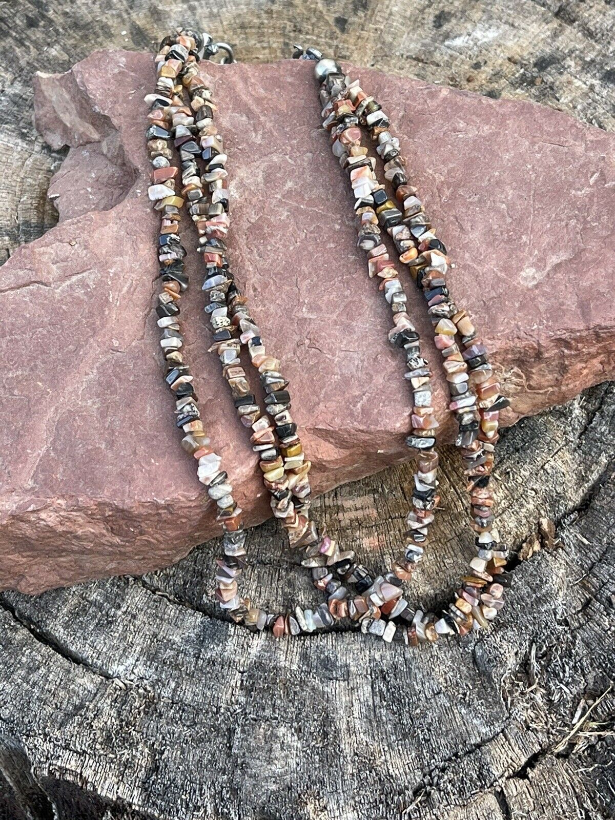 Handcrafted Sterling Silver Multi Jasper Chip Triple Strand Necklace 18”