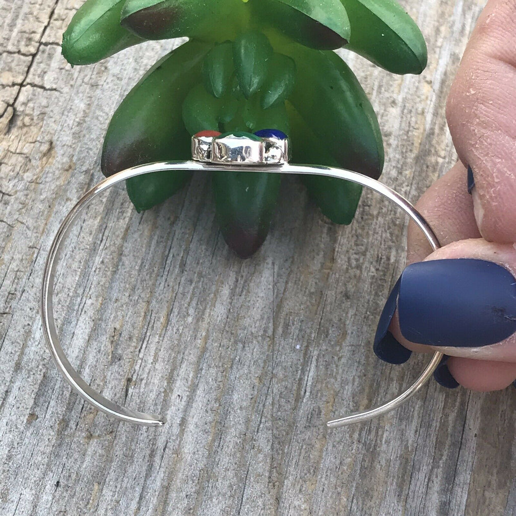 Handcrafted Multi Stone, Malachite Sterling Silver Bracelet Cuff Artist V. S
