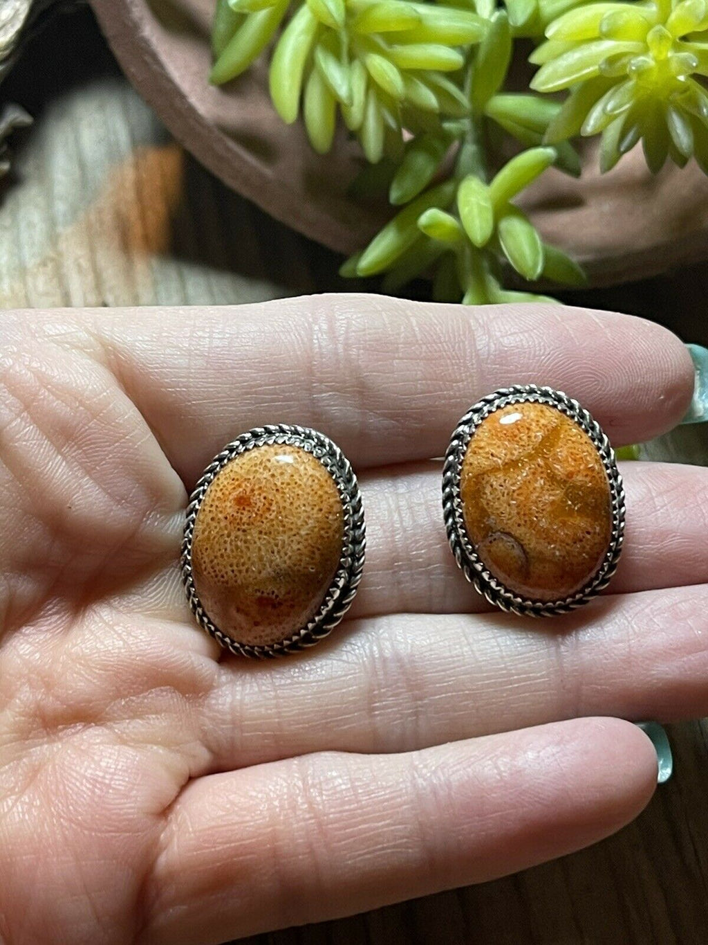 Handcrafted Sterling Silver Apple Coral Oval Post Earrings