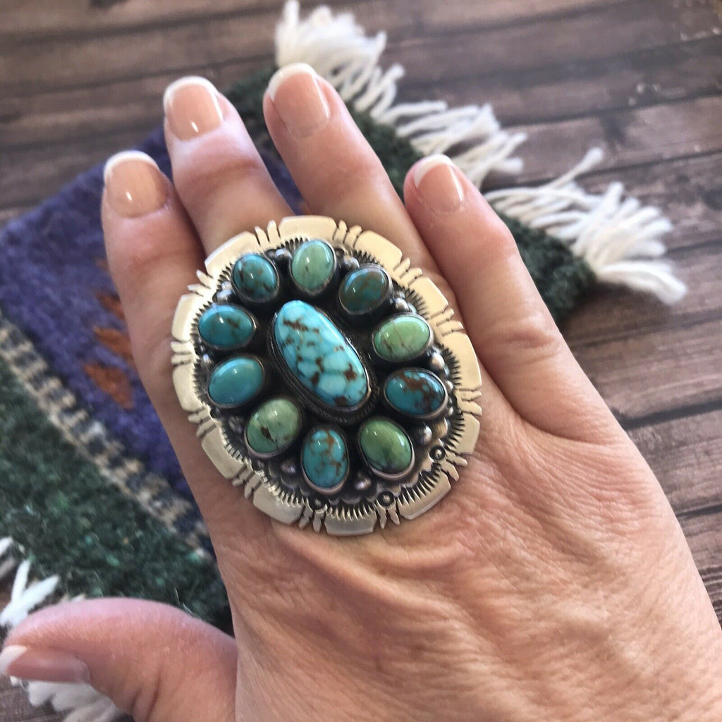 Handcrafted Cluster Multi Turquoise &  Sterling Silver Ring Size 6.5