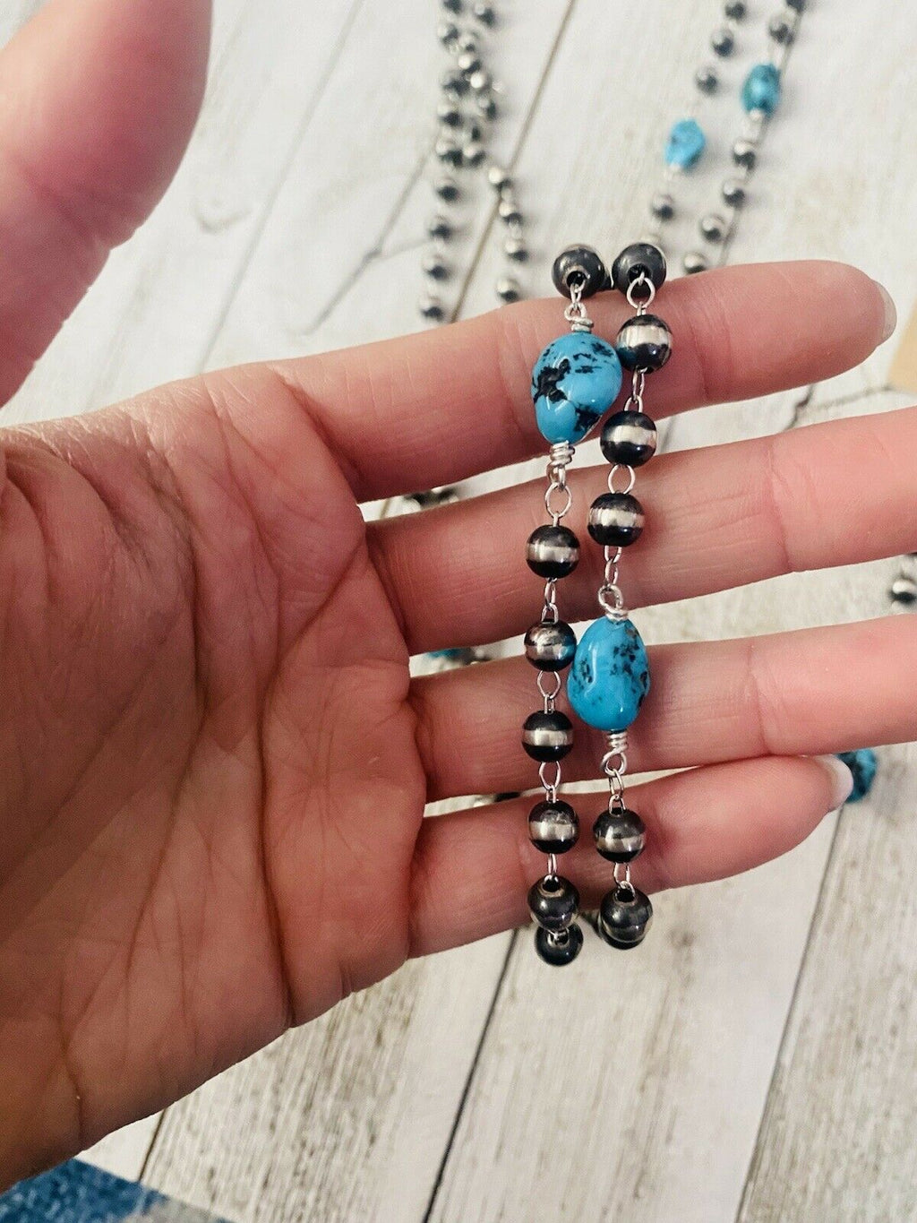 Handcrafted Kingman Turquoise & Sterling Silver Pearl Beaded Necklace Set