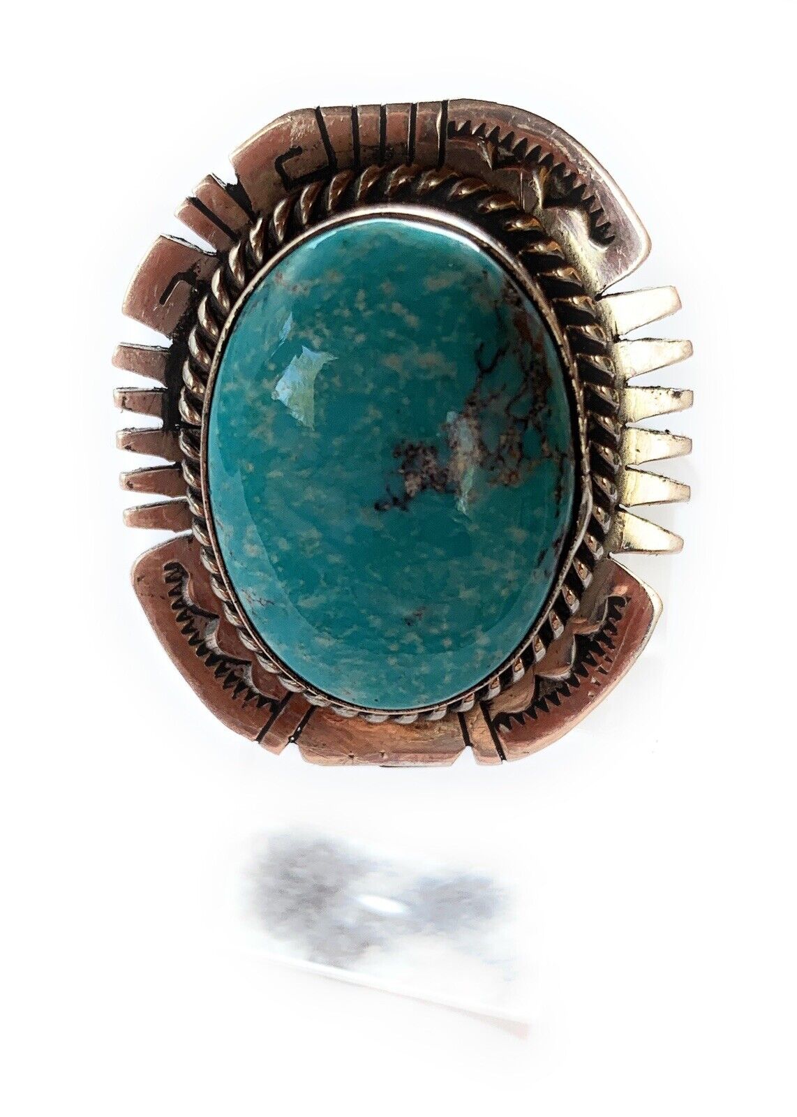 Handcrafted Kingman Turquoise Stamped Sterling Silver  Signed Statement Ring