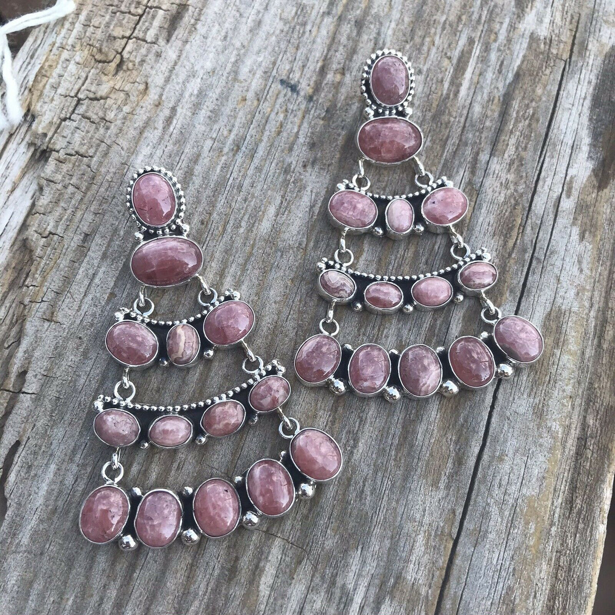 Sterling Silver Rhodochrosite Stone Dangle Earrings Artist E. Spencer