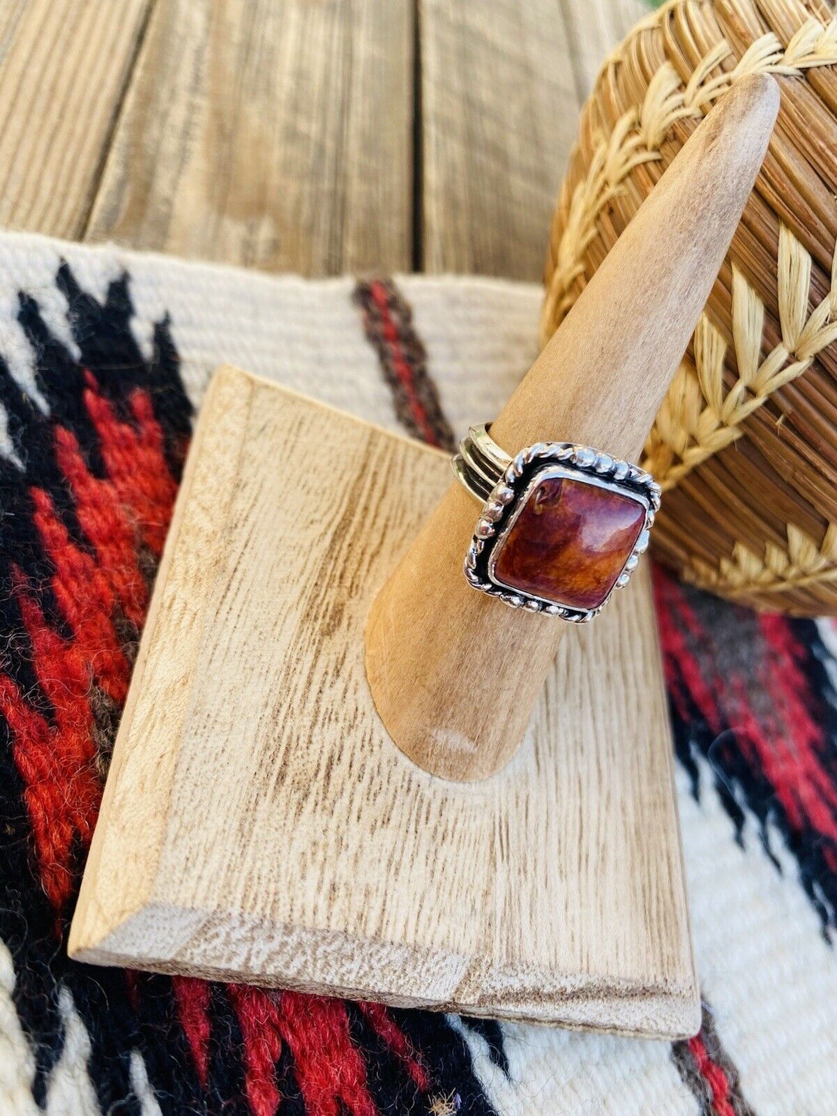 Handcrafted Sterling Silver & Orange Spiny Ring Size 6