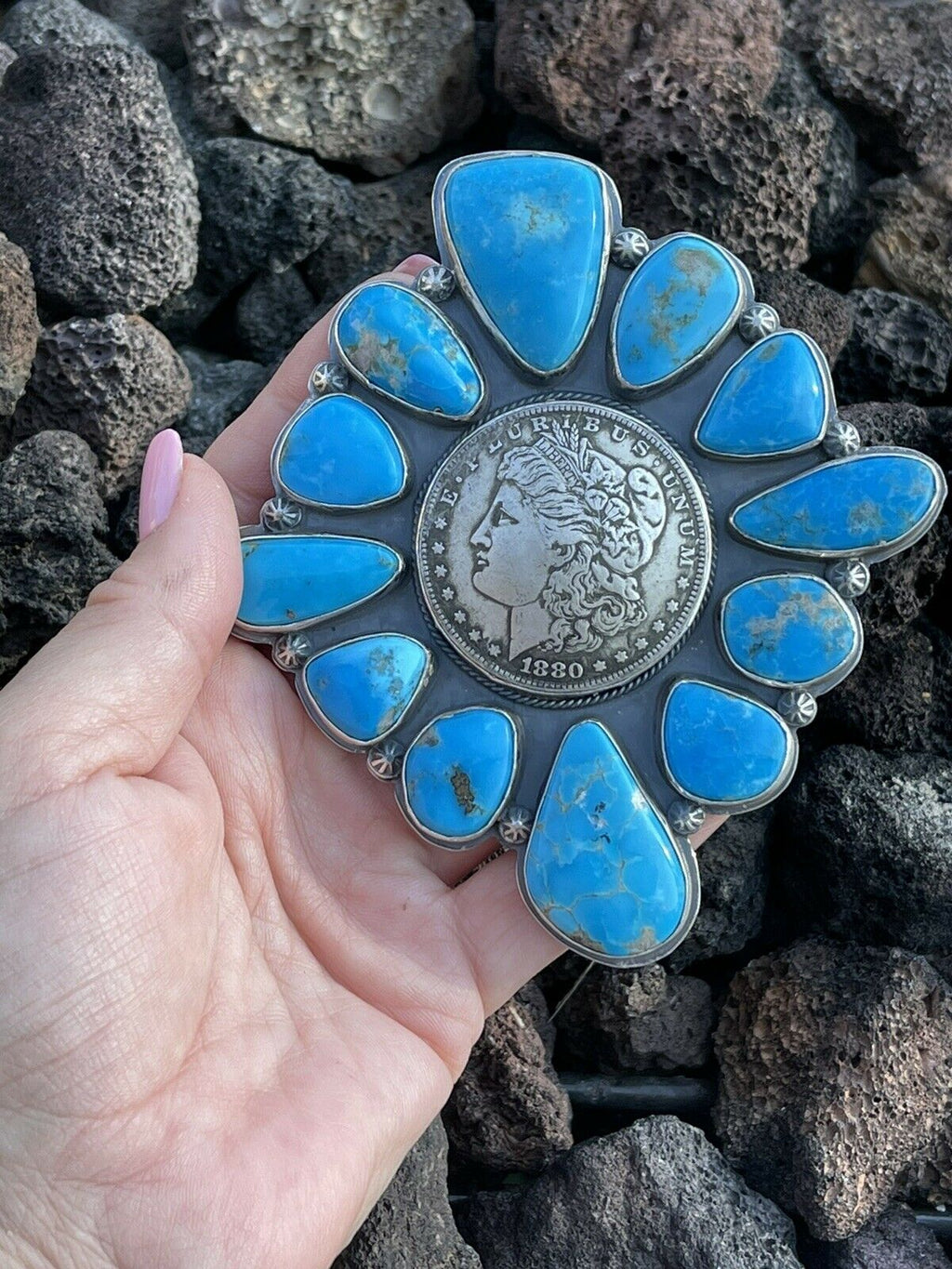 Handcrafted Sterling Silver Coin & Kingman Turquoise Adjustable Ring