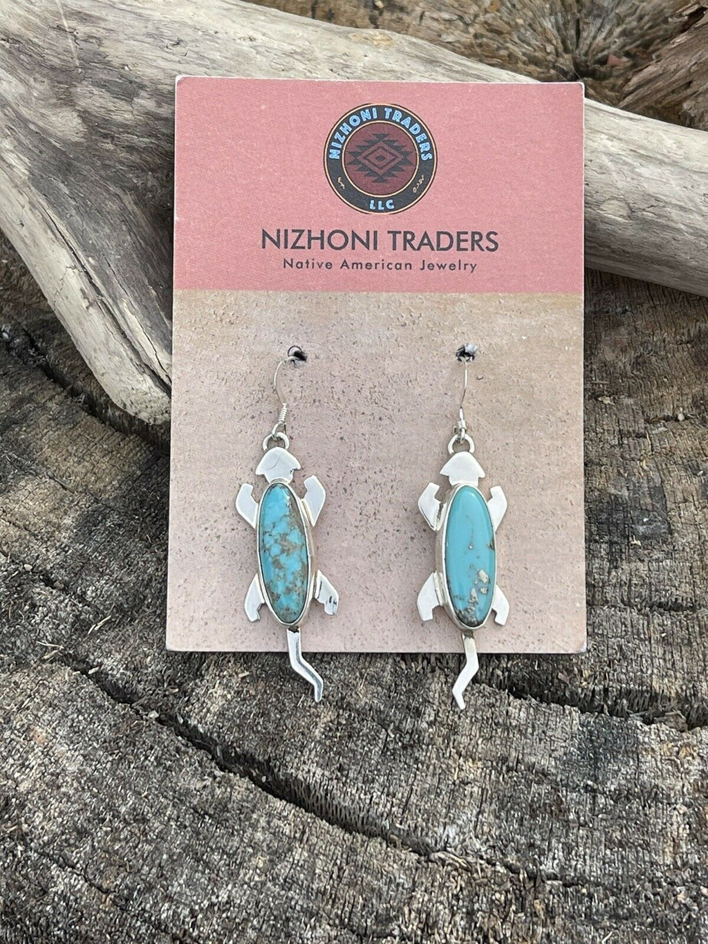 Handcrafted Sterling Silver Turquoise Stone Gecko Dangle Earrings Signed