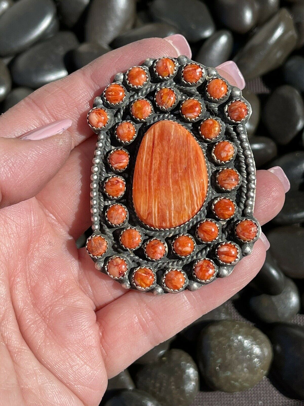 Handcrafted Sterling Silver Orange Spiny Cluster Jumbo Ring Sz 7.5