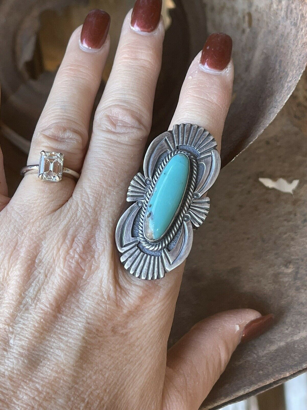 Handcrafted Turquoise & Sterling Silver Handcrafted Deco Ring Size 7.5