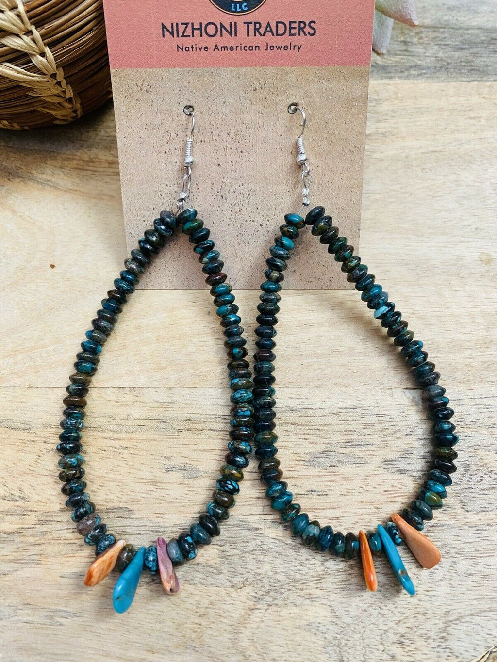 Turquoise & Spiny Oyster Beaded Dangle Hoop Earrings