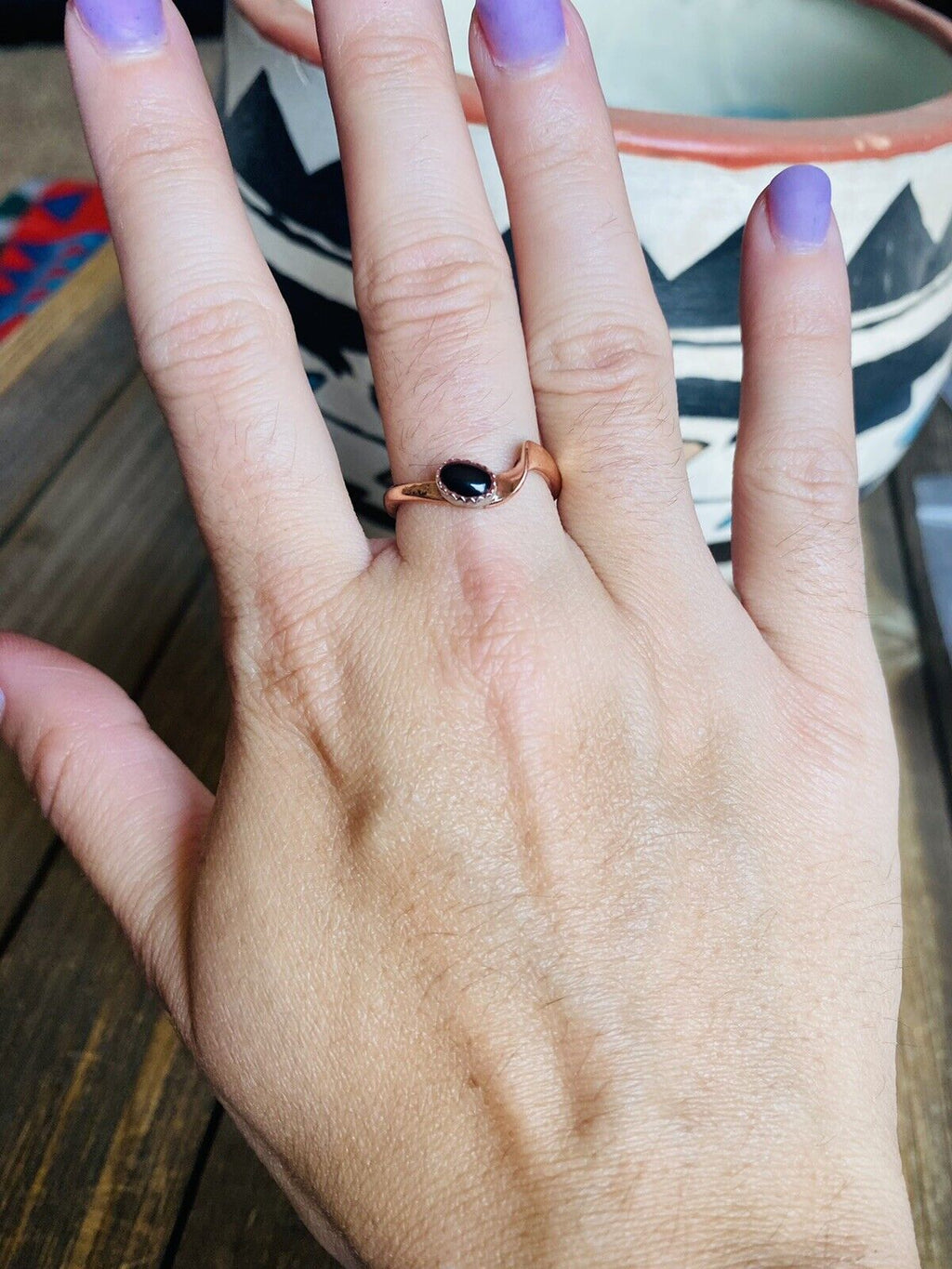 Handcrafted Copper Over Sterling Onyx Ring Size 6