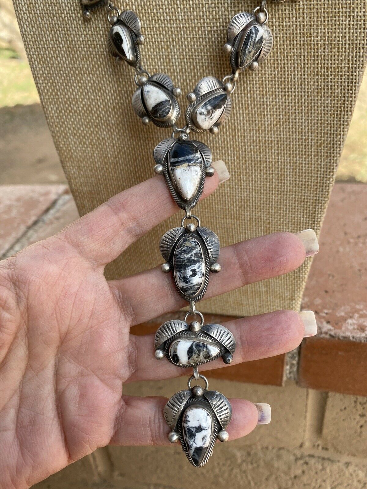 Handcrafted White Buffalo & Sterling Lariat Necklace Set Signed