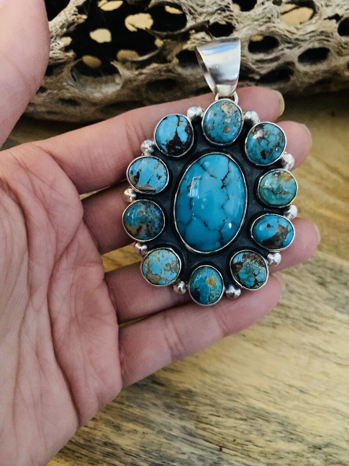 Handcrafted Sterling Silver & Multi Turquoise Cluster Pendant Signed