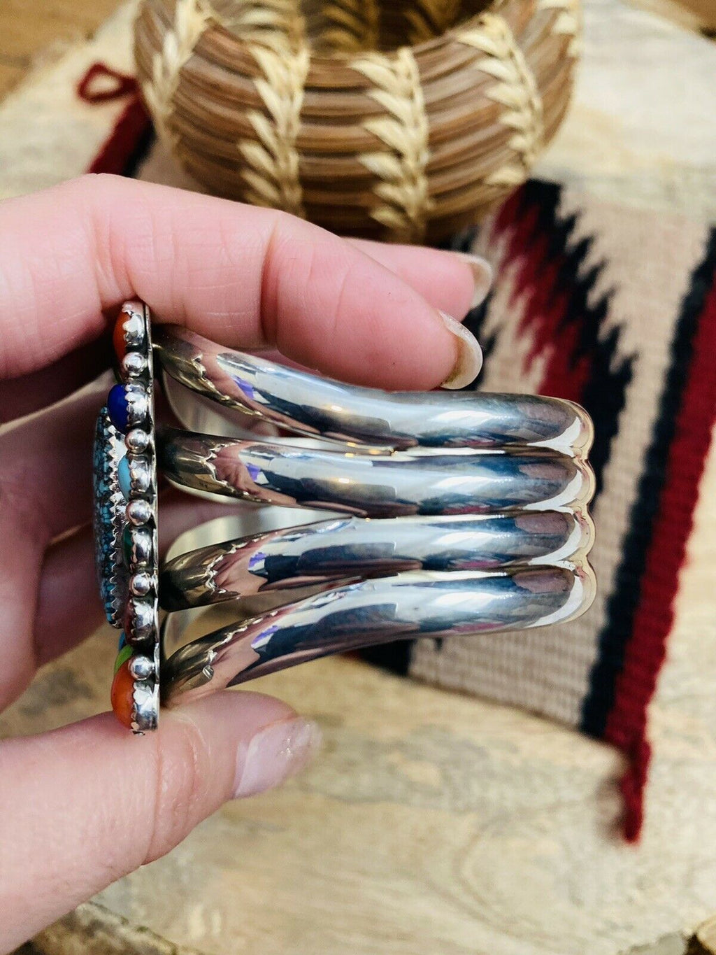 Handcrafted & Amazing Multi Stone & Sterling Silver Cuff Bracelet Signed