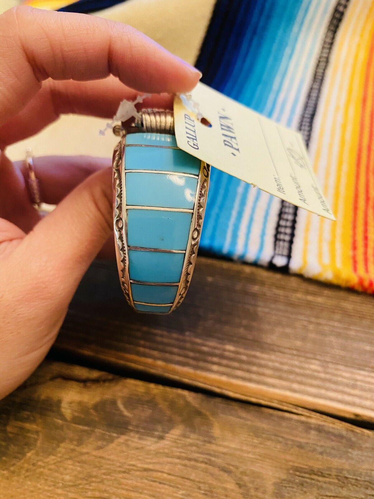 Handcrafted Vintage Turquoise & Sterling Silver Inlay Watch Cuff Signed