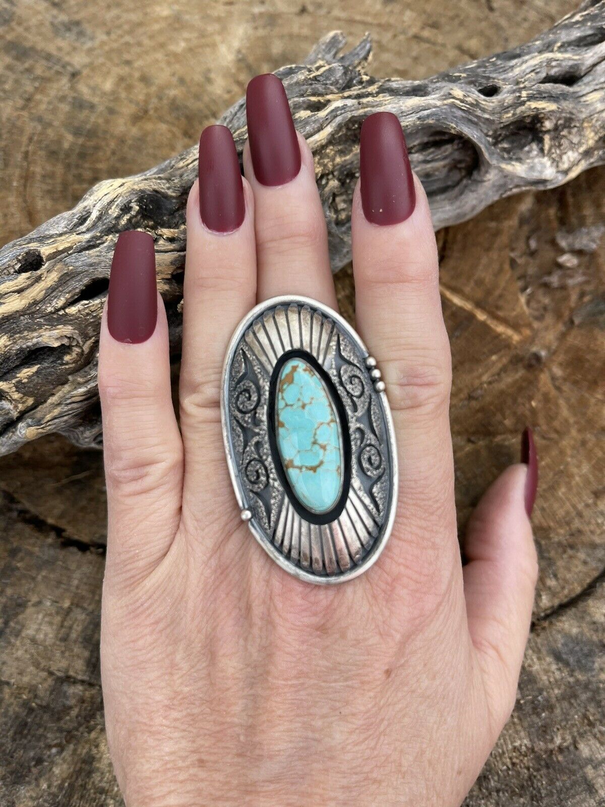 Handcrafted Number 8 Turquoise & Sterling Silver Statement Ring Size 8.5 Signed