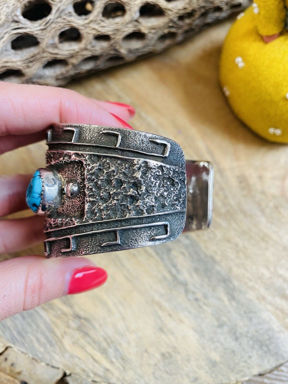 Handcrafted Kingman Turquoise & Hand Stamped Sterling Silver Cuff Bracelet