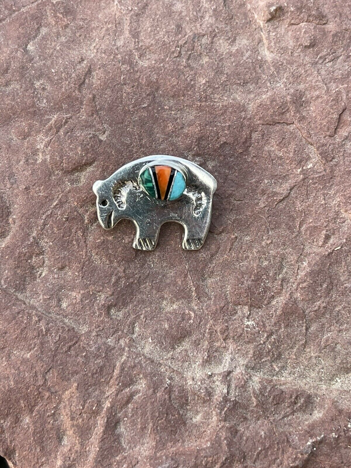 Handcrafted Sterling Silver Multi Stone Buffalo Pendant Pin Signed