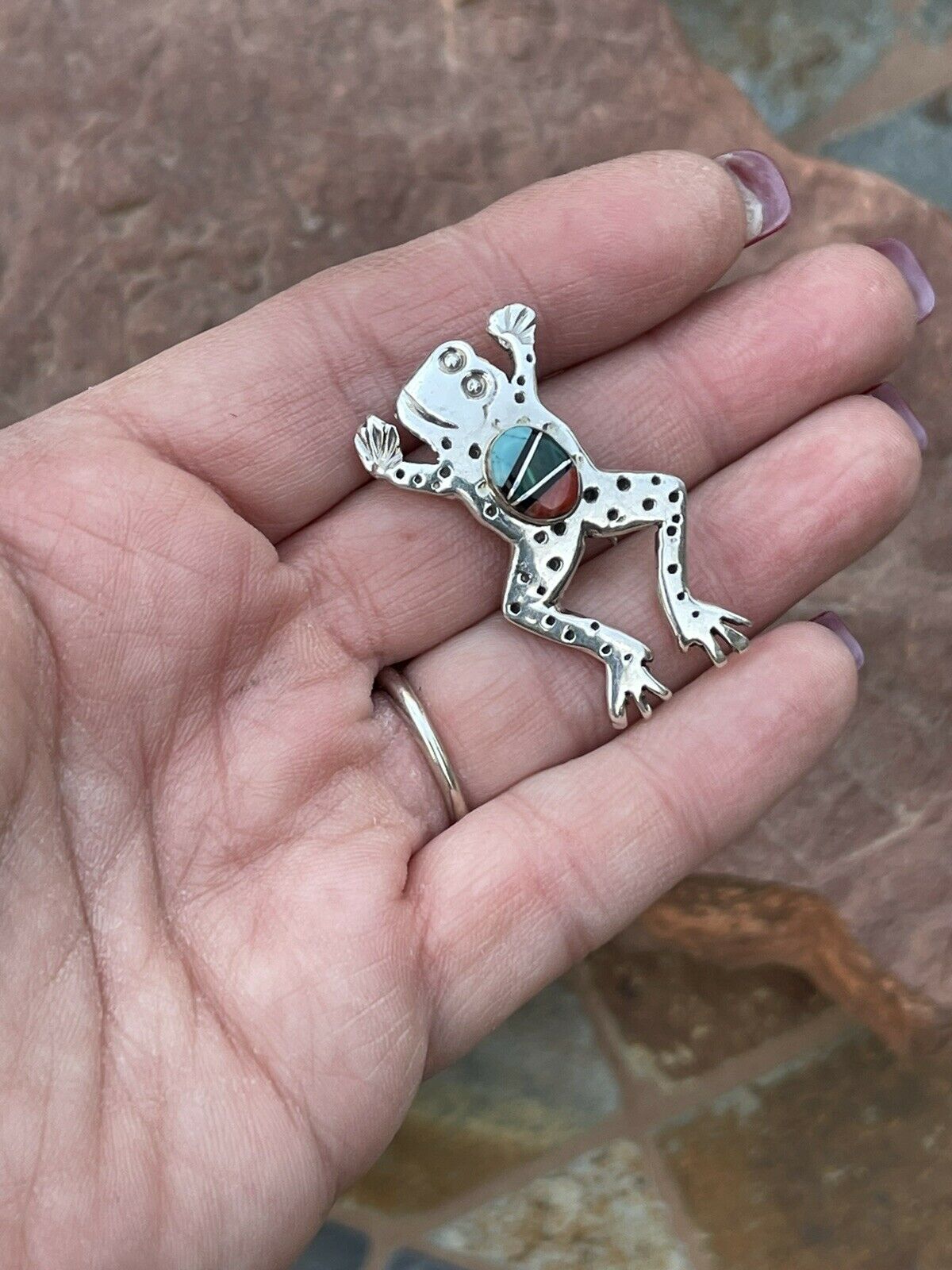 Handcrafted Sterling Silver Multi Stone Leap Frog Pendant Pin Signed