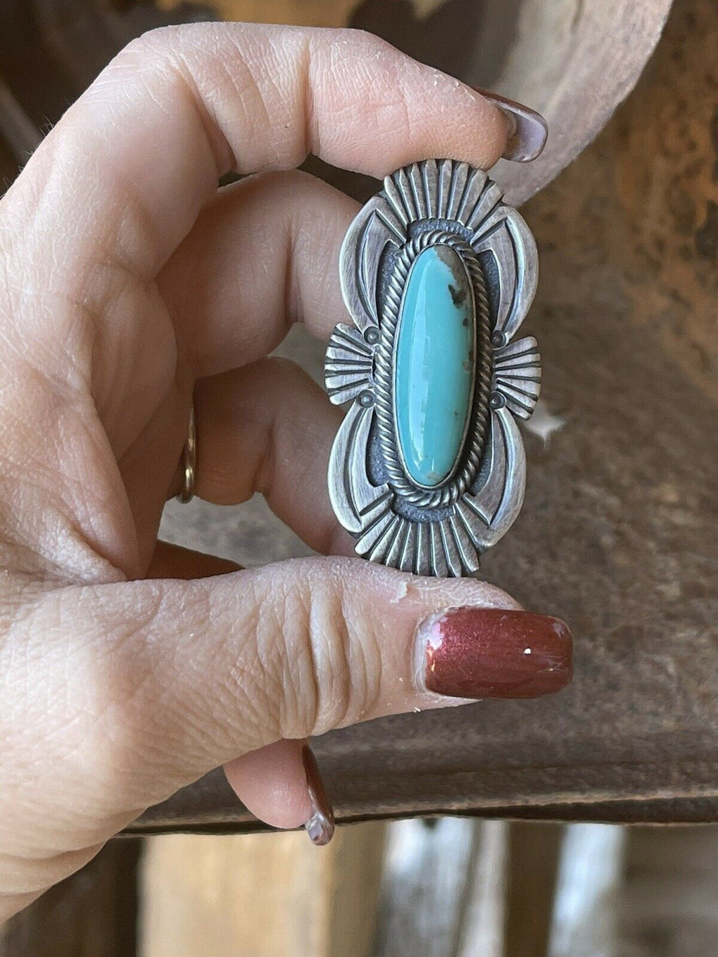 Handcrafted Turquoise & Sterling Silver Handcrafted Deco Ring Size 7.5