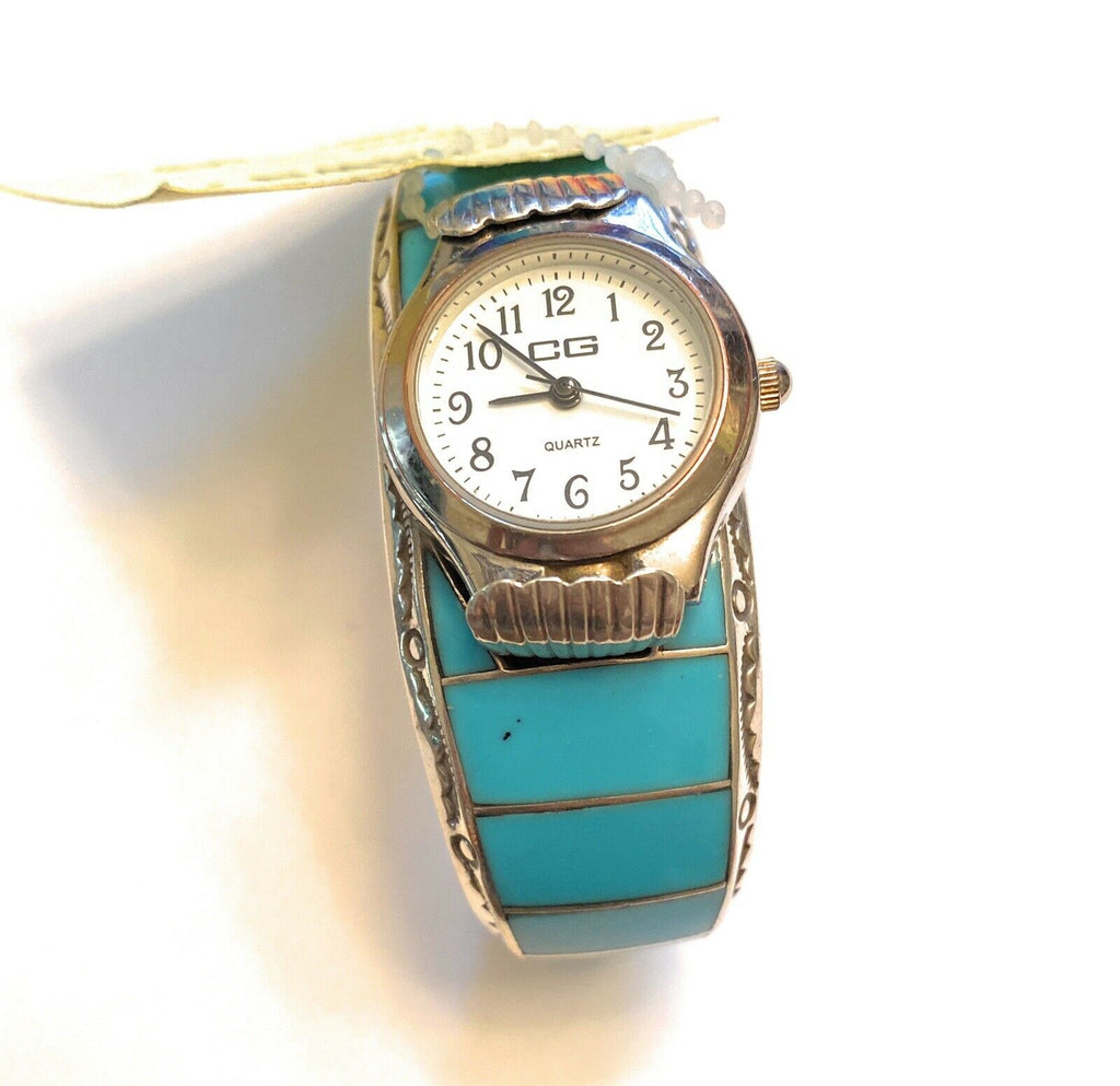 Handcrafted Vintage Turquoise & Sterling Silver Inlay Watch Cuff Signed