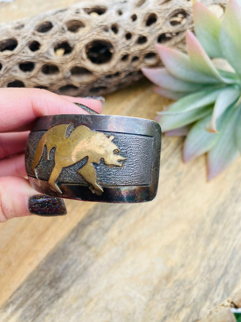 Handcrafted Vintage Sterling Silver & Copper Bear Cuff Bracelet Signed