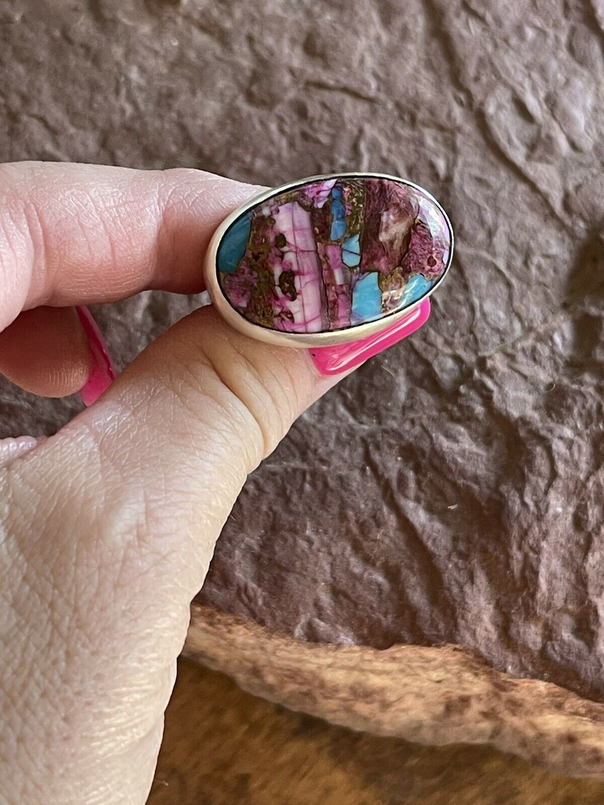 Handcrafted Pink Dream Mojave Oval Rope & Sterling Silver Adjustable Ring