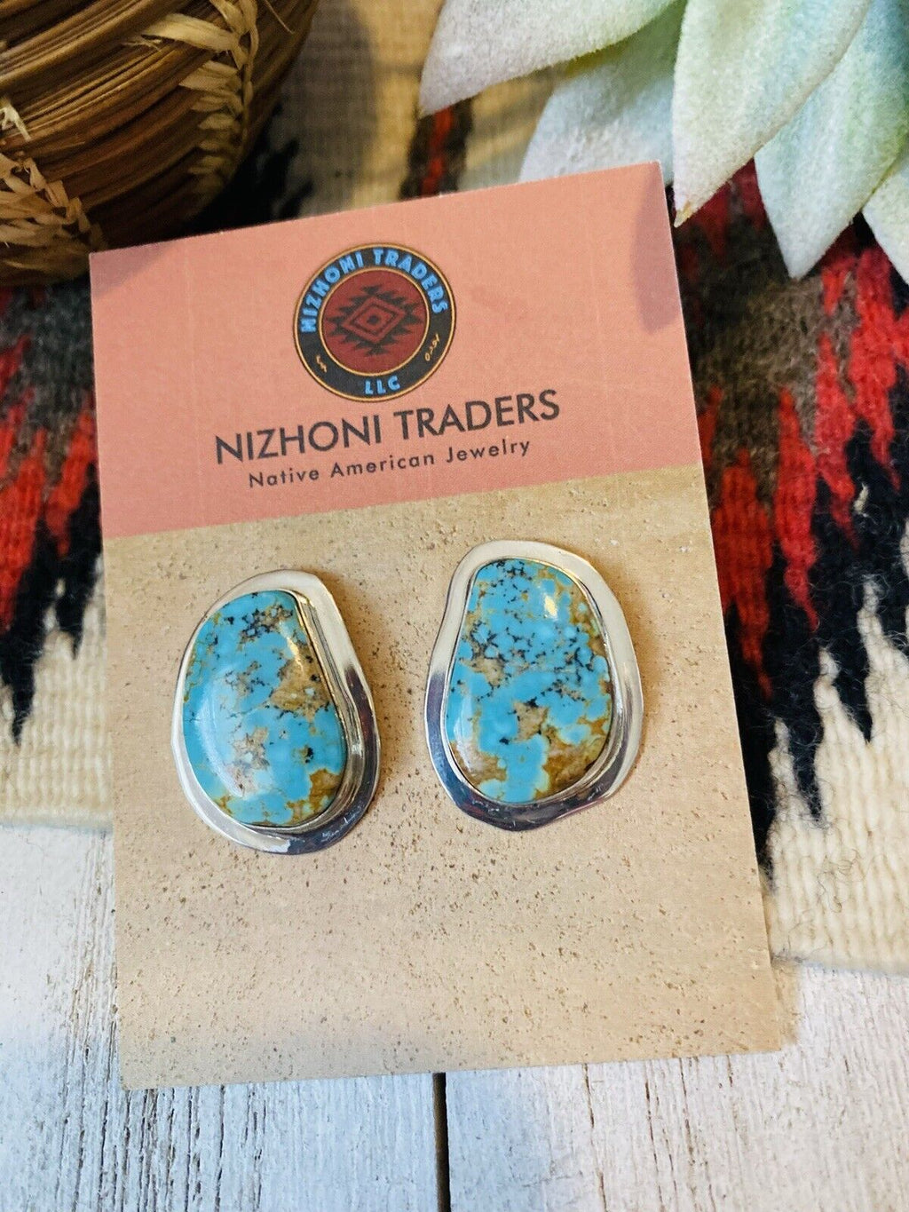Handcrafted Royston Turquoise & Sterling Silver Post Earrings Signed