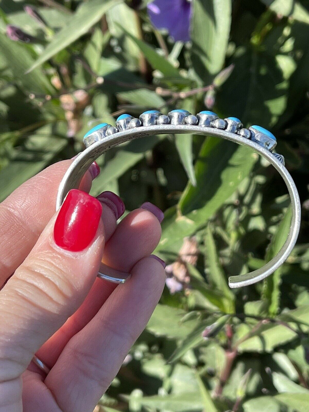 Handcrafted Sterling & Kingman Turquoise Stacker Cuff Bracelet Artist R. Bennett /