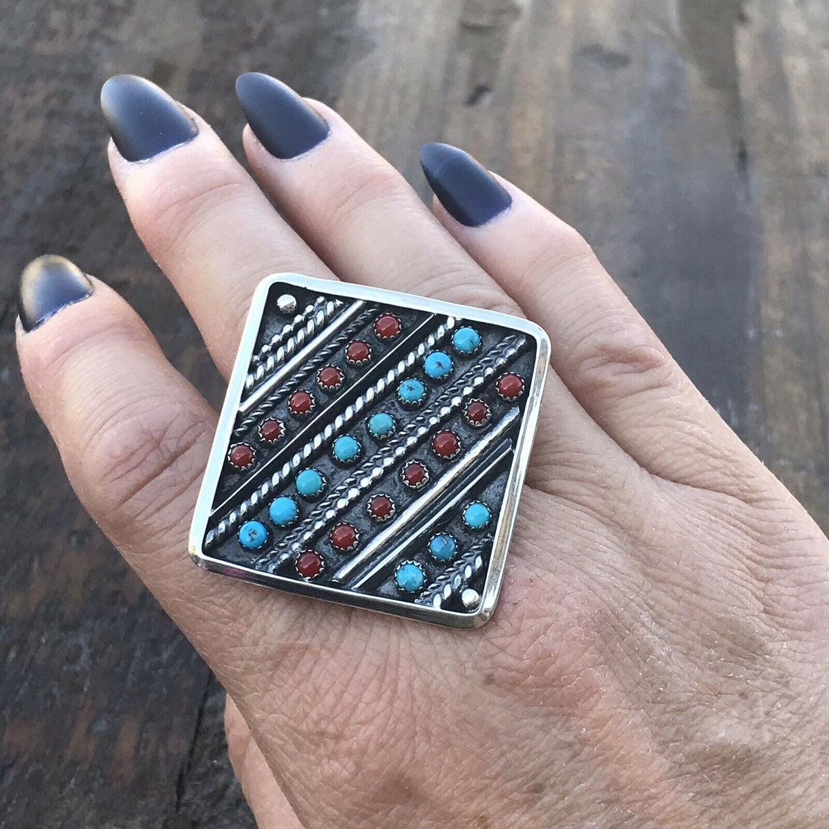 Handcrafted Multi Stone &  Sterling Silver Statement Ring Size 8